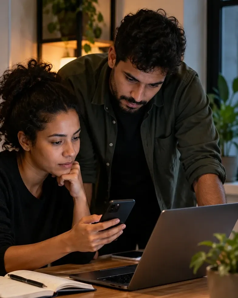 Duas pessoas numa mesa de escritório: uma segura o celular e a outra se inclina para olhar o notebook.