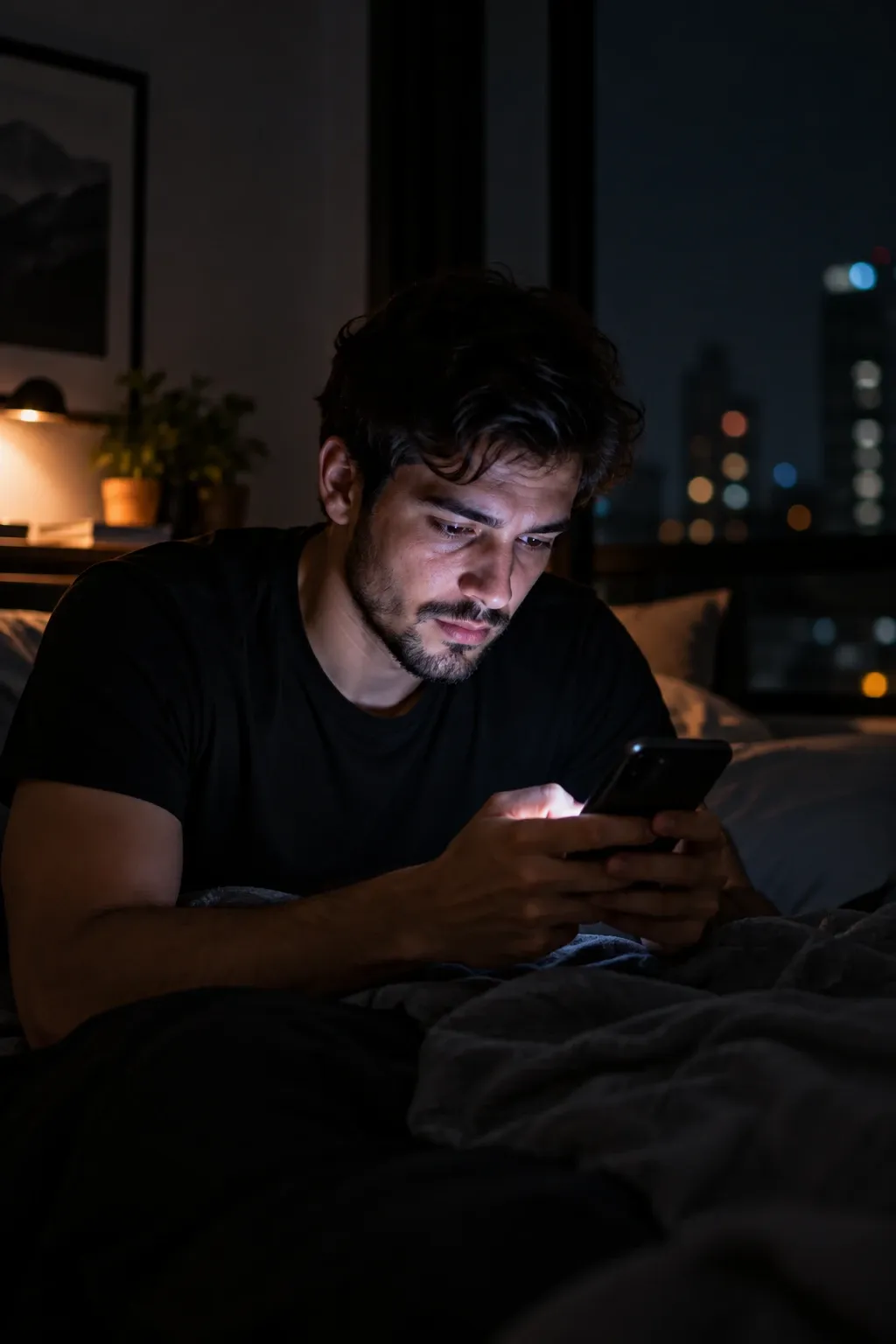 Homem deitado na cama à noite, com o rosto iluminado pelo celular; ao fundo, as luzes da cidade pela janela.